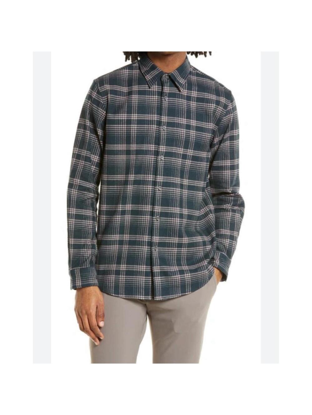 THEORY Men’s Noll NP Flannel Button-Up in Charcoal/Dusty Orchid-Size Medium